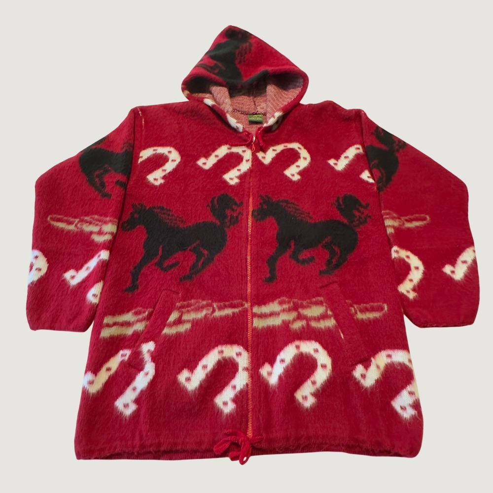 Tejidos Imalaya Horse Hoodie Red Wool Zip Jacket Ecuador Vintage‎ Size M Western